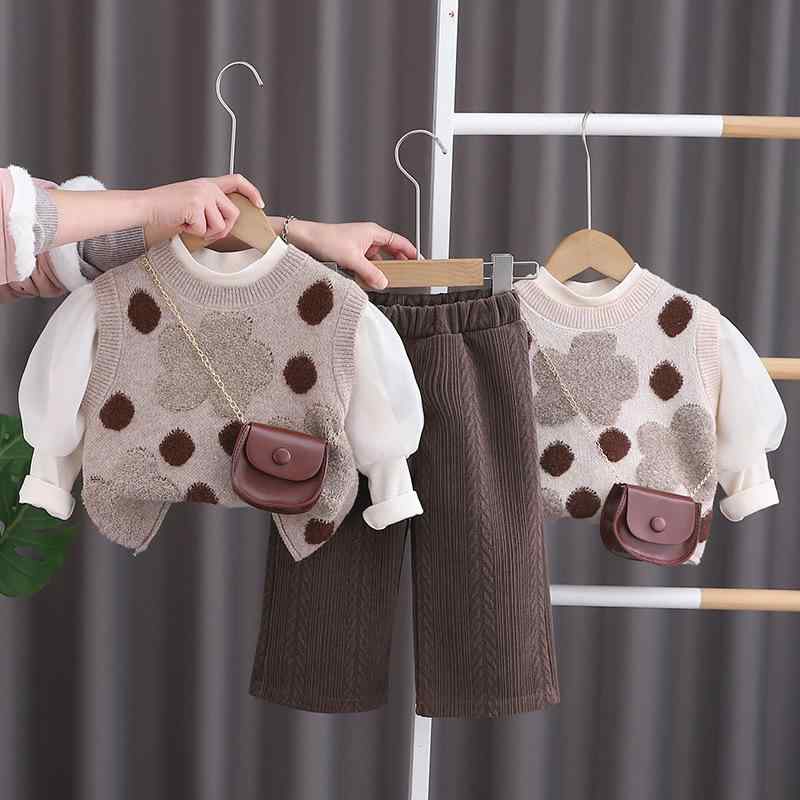 子供服 女の子 キッズ ベビー セットアップ 春秋 長袖 ニット セーター シャツ 長ズボン ロングパンツ ポシェット バッグ付き 3点セット カジュアル 柔らかい 動きやすい ベージュ ブラウン
