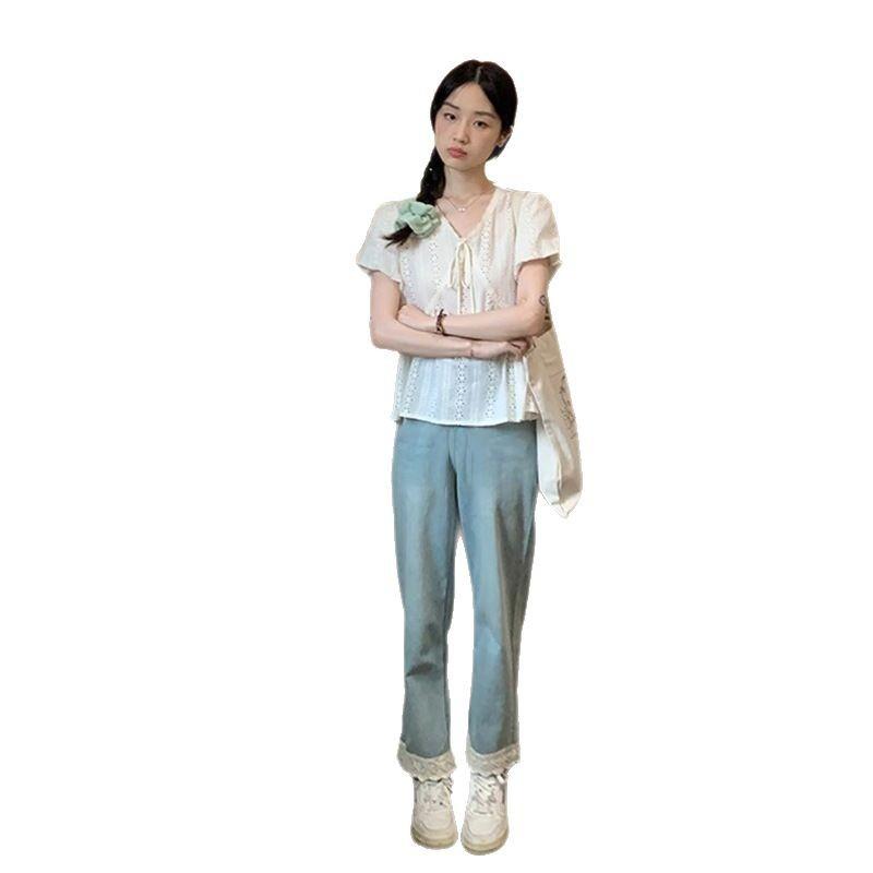 パンツ レディース 妊婦 マタニティ 9分丈 デニム レース 切り替え ウエスト調整 ...