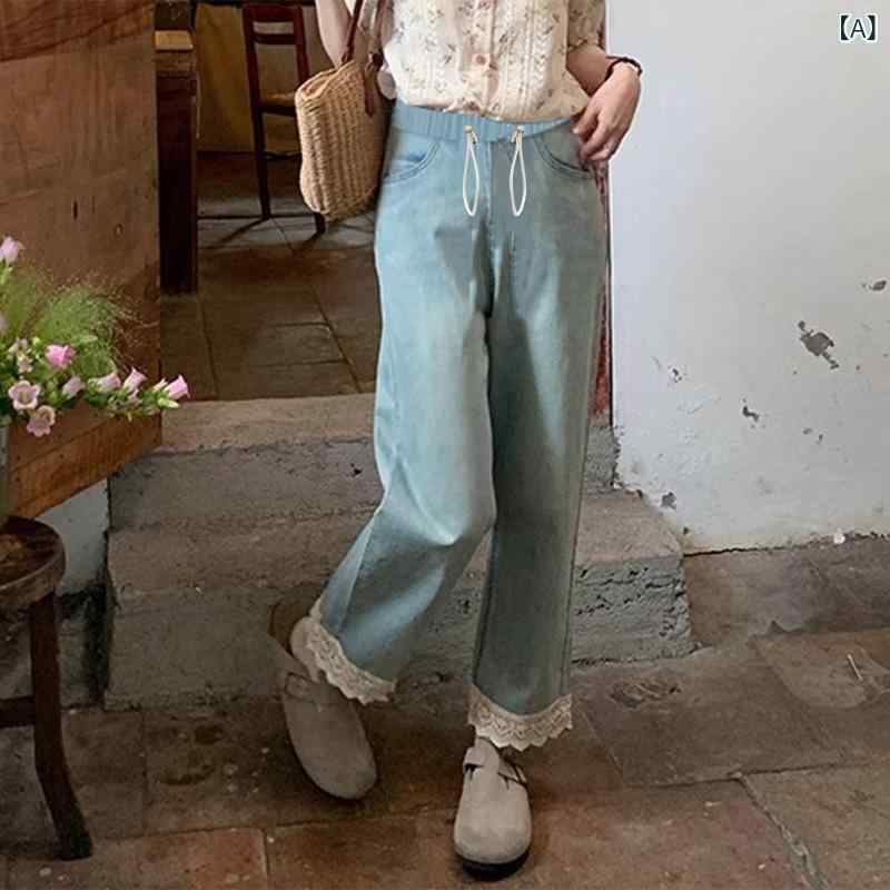 パンツ レディース 妊婦 マタニティ 9分丈 デニム レース 切り替え ウエスト調整 ...