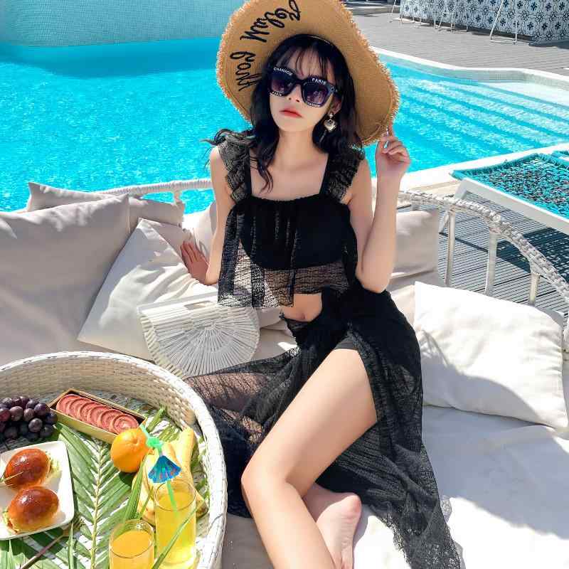 水着 レディース ビキニ セパレート 3点セット フリル レース 無地 パッド付き ノンワイヤー 体型カバー ビーチ プール リゾート セクシー かわいい 韓国風 グレー ホワイト ピンク ブラック ベージュ
