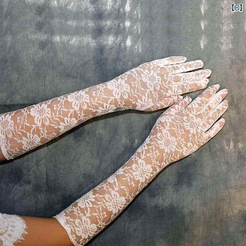 bloomelierの手袋 レディース ロング レース 紫外線対策 UVカット 接触冷感 滑り止め付き 日焼け防止 ウェディング 結婚式 ブライダル セレモニー フォーマル かわいい エレガント ブラック ホワイト フリーサイズ｜アングル3