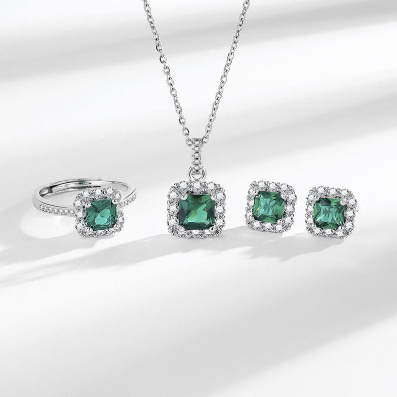 ネックレス レディース ジュエリーセット 3点セット ジルコニア エメラルドグリーン 四角 スクエア電気メッキ加工 O字チェーン 耳飾り 指輪 結婚式 ウェディング フォーマル 上品 エレガント ギフト