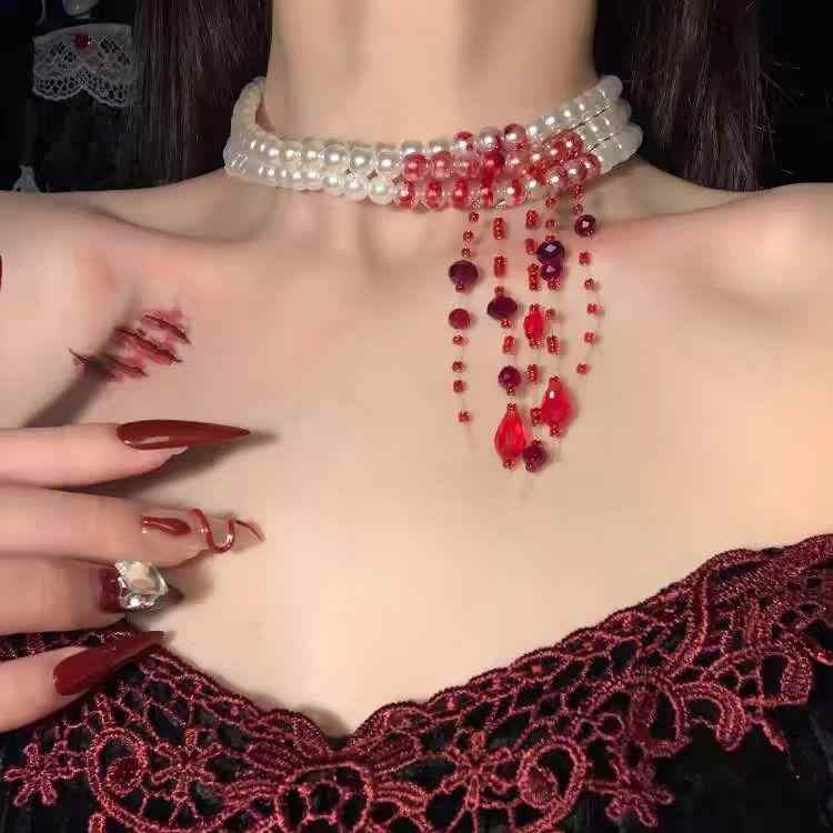 ネックレス レディース ハロウィン コスプレ 花嫁 血液モチーフ フェイクパール 首飾り 高級感 個性的 チョーカー 2連 アクセサリー