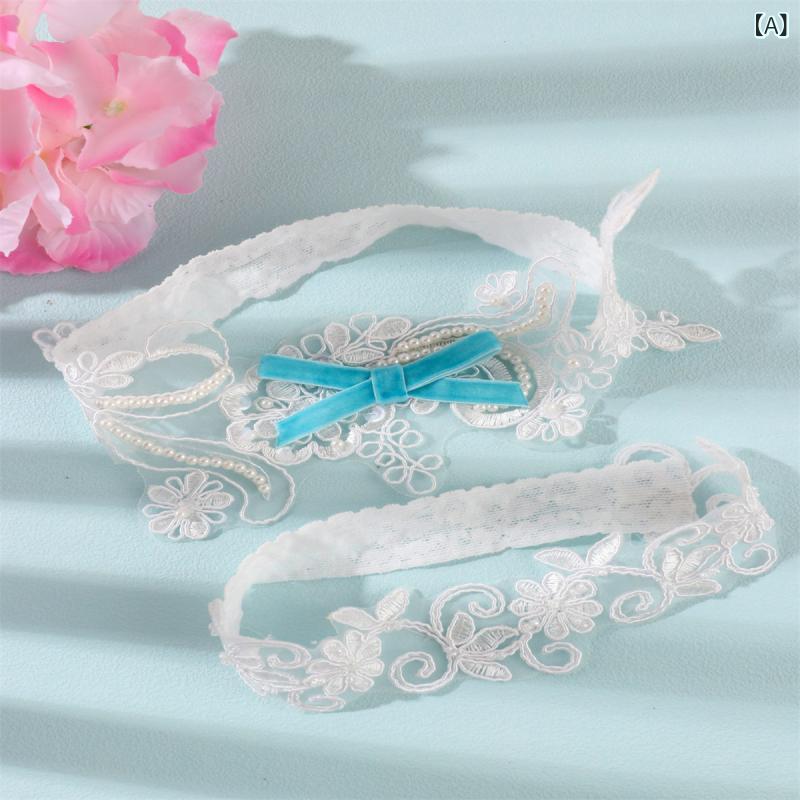 bloomelierのレッグガーター レディース ブライダル小物 レース 伸縮性 青いリボン飾り ウェディング 結婚式 ホワイト 花嫁｜アングル2