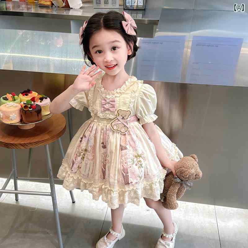 bloomelierのワンピース キッズ 女の子 プリンセスドレス ロリータ風 ふんわり Aライン 半袖 長袖 コットンプリント かわいい お呼ばれ 発表会 誕生日 演出 記念撮影 子供服 春夏秋冬｜アングル2