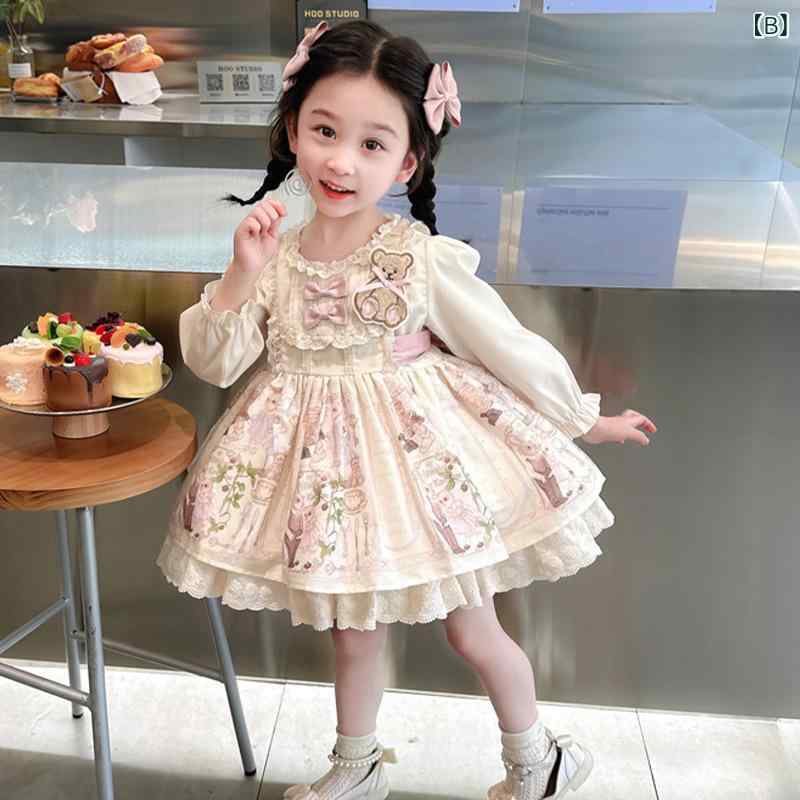 bloomelierのワンピース キッズ 女の子 プリンセスドレス ロリータ風 ふんわり Aライン 半袖 長袖 コットンプリント かわいい お呼ばれ 発表会 誕生日 演出 記念撮影 子供服 春夏秋冬｜アングル3