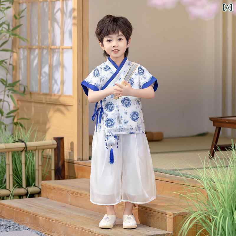 セットアップ キッズ 男女兼用 中国風 古装 唐装 半袖 薄手 漢服 青花瓷風 小学生 ...