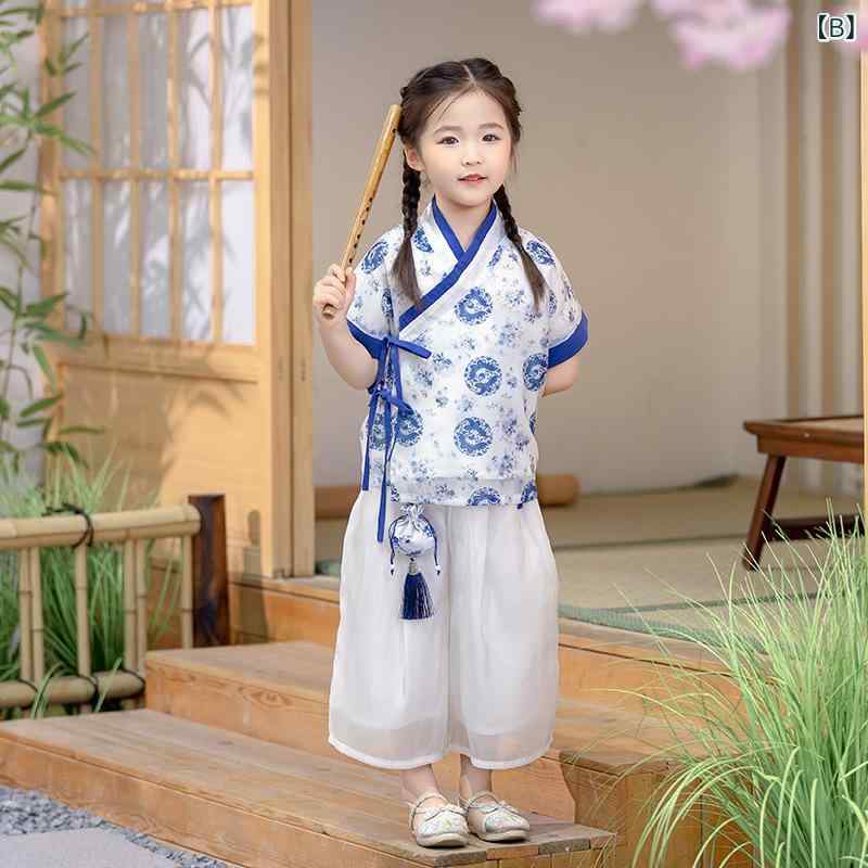 セットアップ キッズ 男女兼用 中国風 古装 唐装 半袖 薄手 漢服 青花瓷風 小学生 ...