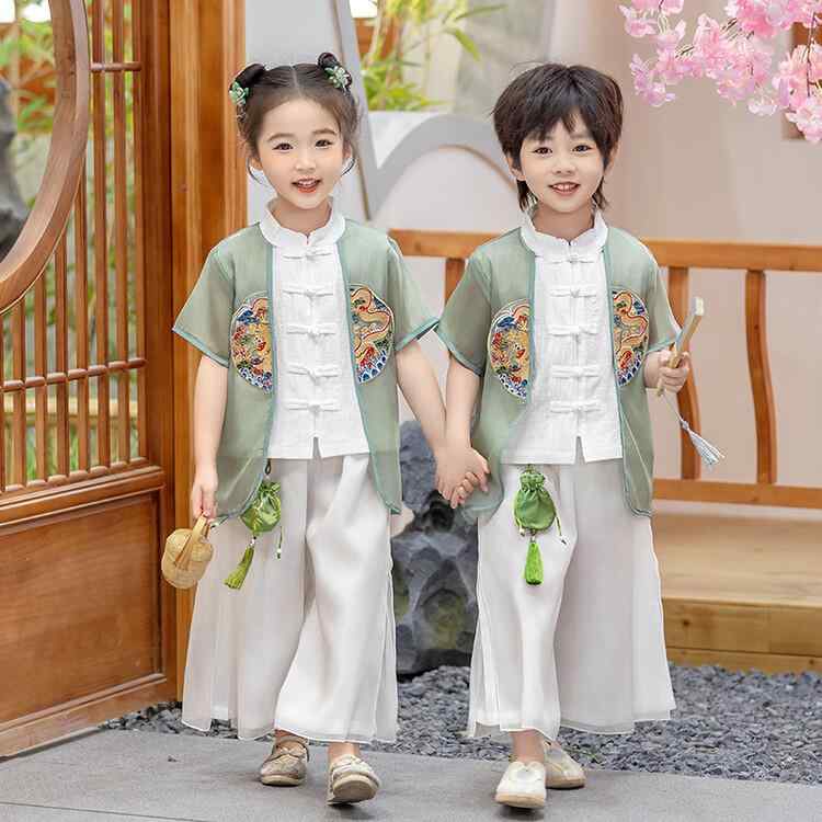 唐装 キッズ 漢服 子供 セットアップ チャイナドレス 男の子 女の子 民族衣装 半袖 春夏 発表会 朗読会 イベント 学芸会