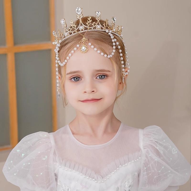 カチューシャ キッズ 女の子 ティアラ ヘアアクセサリー 髪飾り 王冠 パール 額飾り フリンジ クラウン フォーマル ドレス 発表会 ダンス イベント 記念撮影 ゴールド