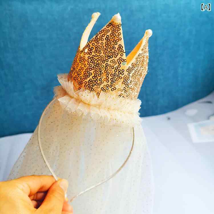 bloomelierのカチューシャ キッズ 女の子 冠 クラウン スパンコール シフォンチュール ヘアアクセサリー 子供 髪飾り ティアラ 誕生日会 パーティー 発表会 ステージ衣装 キラキラ ゴールド ピンク｜アングル2