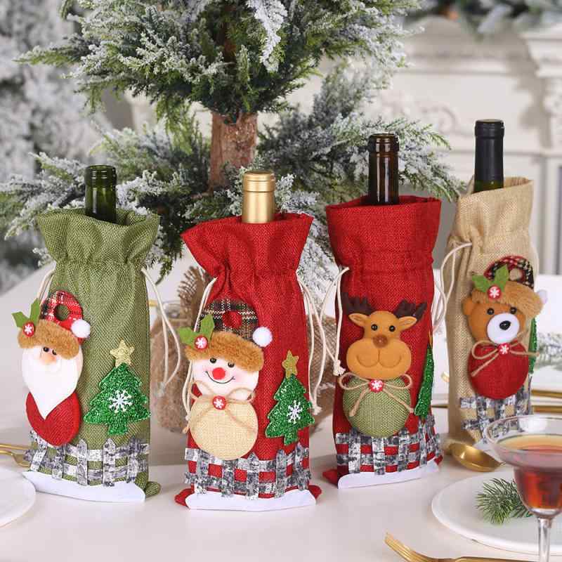 ボトルカバー クリスマス デコレーション 麻布 フェンス風 キャラクター サンタクロース トナカイ 雪だるま クマ ドローストリング ワインボトル ギフトバッグ ラッピング 飾り パーティー おしゃれ