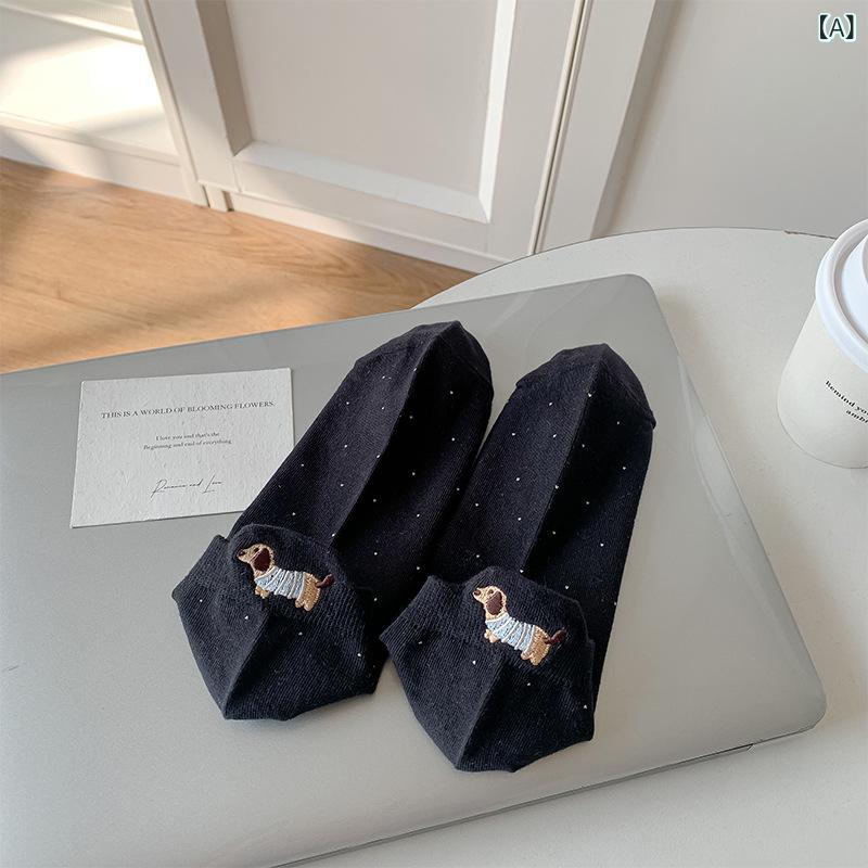 bloomelierの靴下 レディース 春夏 くるぶし丈 ショートソックス ドット柄 刺繍 犬 吸汗 防摩擦 コットン 履きやすい カジュアル おしゃれ｜アングル2