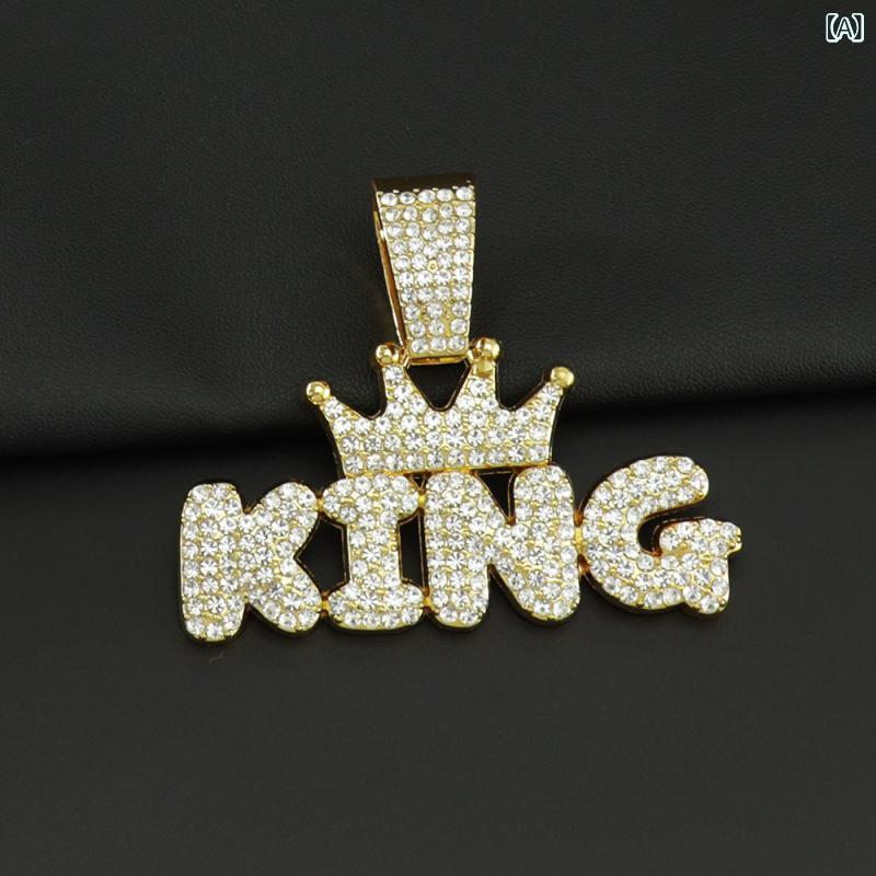 bloomelierのネックレス メンズ レディース ヒップホップ ストリート 合金 ジルコニア クラウン クラウン 王冠 アルファベット KING ペンダント 太め 古巴チェーン 個性派 派手 アクセサリー ギフト｜アングル2