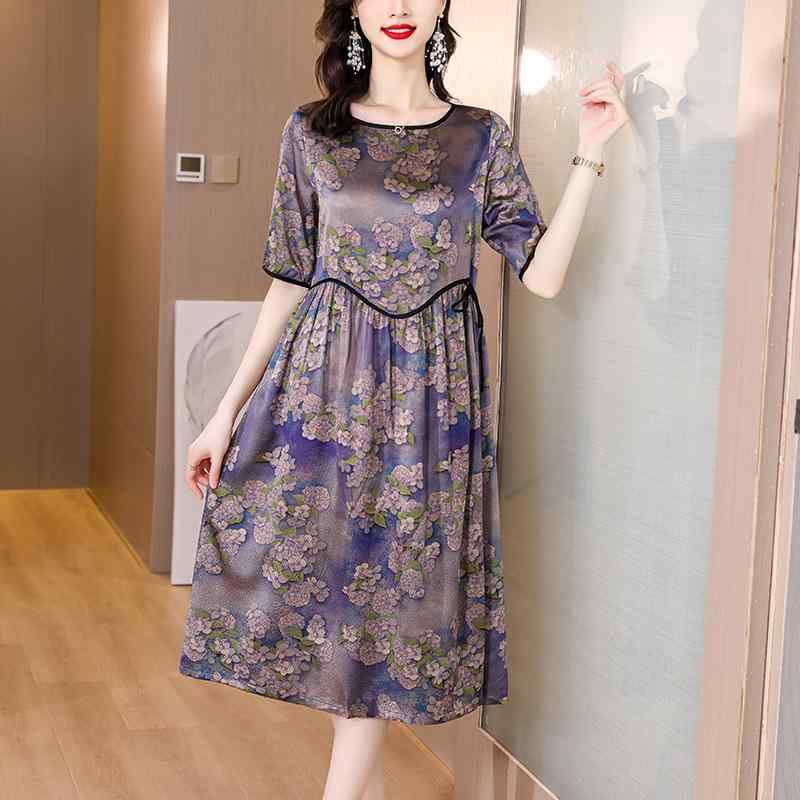 ワンピース レディース 春夏 半袖 ミモレ丈 A字 切り替え 丸首 プルオーバー ゆったり 体型カバー 花柄 エレガント パープル 大きいサイズ