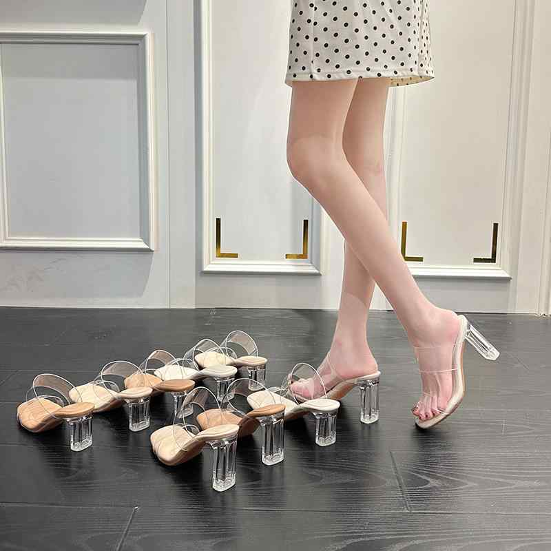 ・カテゴリ: サンダル・ヒールの高さ: 3cm、5cm、7cm、9cm・ヒールのタイプ: チャンキーヒール（粗跟）、ピンヒール（细跟）・カラー展開: アプリコット、ヌード、オフホワイト・サイズ展開: 34、35、36、37、38、39、40・アッパー素材: TPU・つま先の形状: スクエアトゥ・スタイル: カジュアル・ソール素材: ゴム・裏地素材: ウール・着用方法: 制限なし