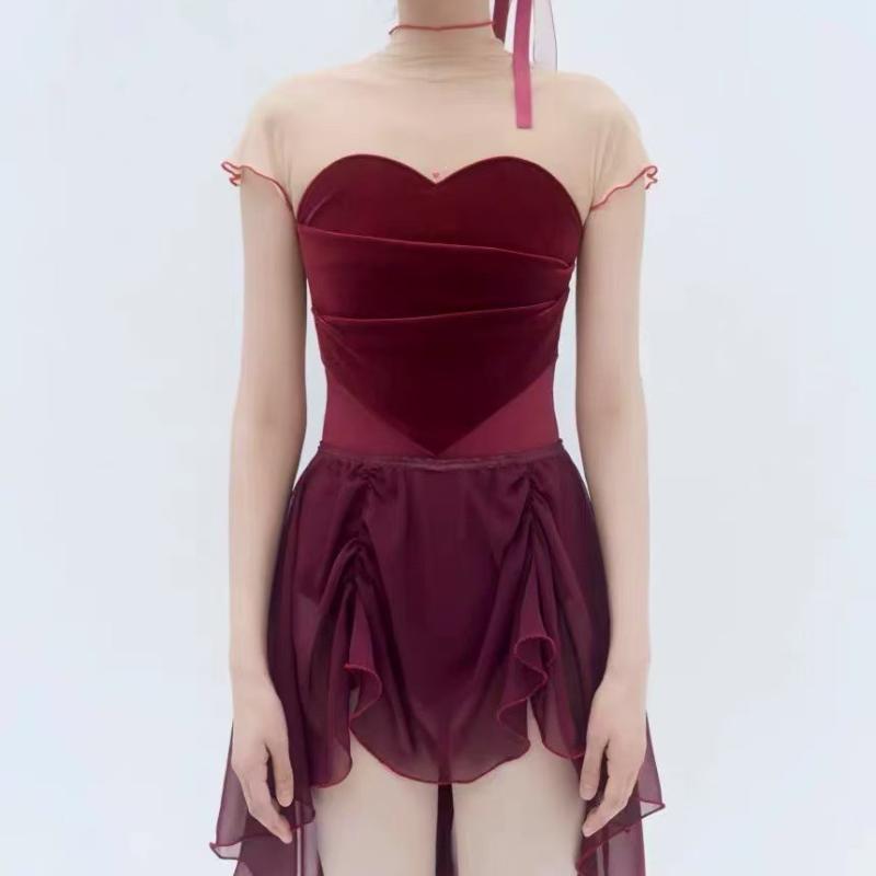 ダンス衣装 レディース 体操服 バレエ レオタード 社交ダンス ハイネック ベロア メッシュ 切り替え 伸縮性 練習着 レッスンウェア 発表会 インナー チュチュスカート セットアップ