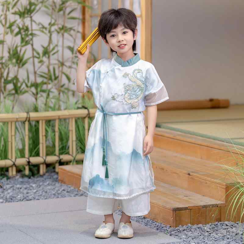 セットアップ キッズ 男の子 唐装 中国風 漢服 子供 半袖 薄手 涼しい 綿 発表会 お遊戯会 イベント お正月 端午の節句