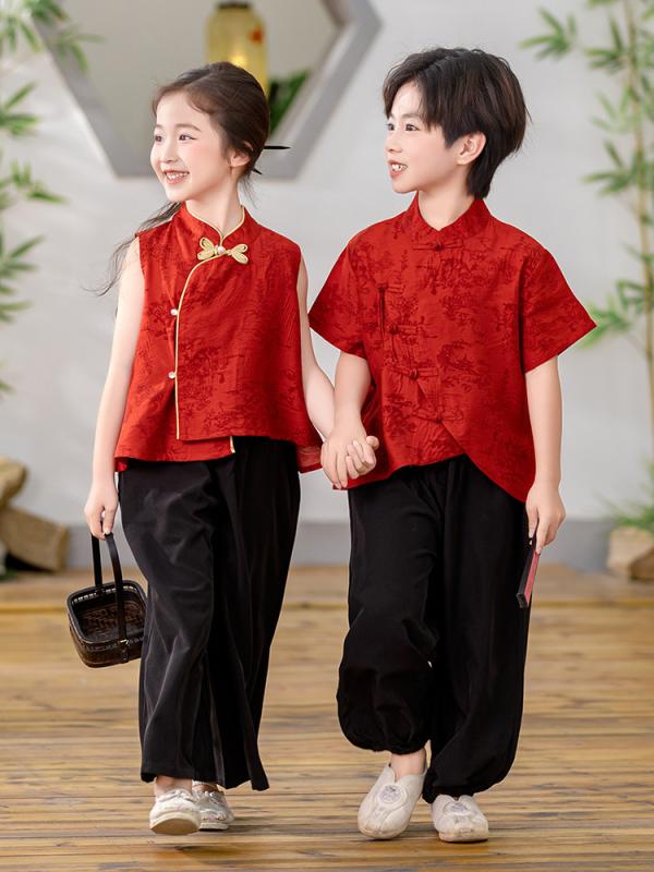 セットアップ キッズ 男の子 汉服 唐装 チャイナ風 半袖 ハーフパンツ 中華風 古装 国風 お祝い 発表会 子供服 涼しい 夏物 ポリエステル