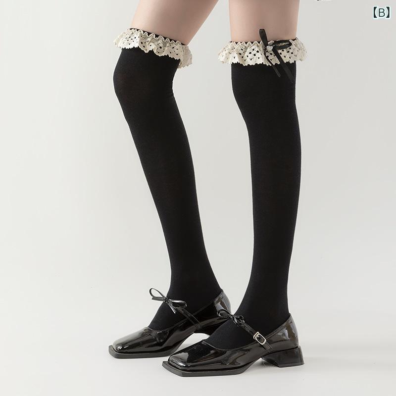 ニーソックス レディース 秋冬 レース 花辺 蝶結び ロリータ風 ハイソックス かわいい 防寒 ルーズソックス bloomelier-10624313 bloomelier サンプル画像3