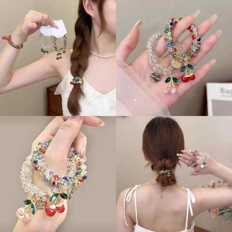 ・カテゴリ: ヘアアクセサリー・素材: 混合素材・加工技術: 手作り・カラー展開: レインボー、クリア・デザイン: チェリー・スタイル: 韓国風・タイプ: 高伸縮ヘアゴム・スタイル分類: フレッシュ＆スウィート