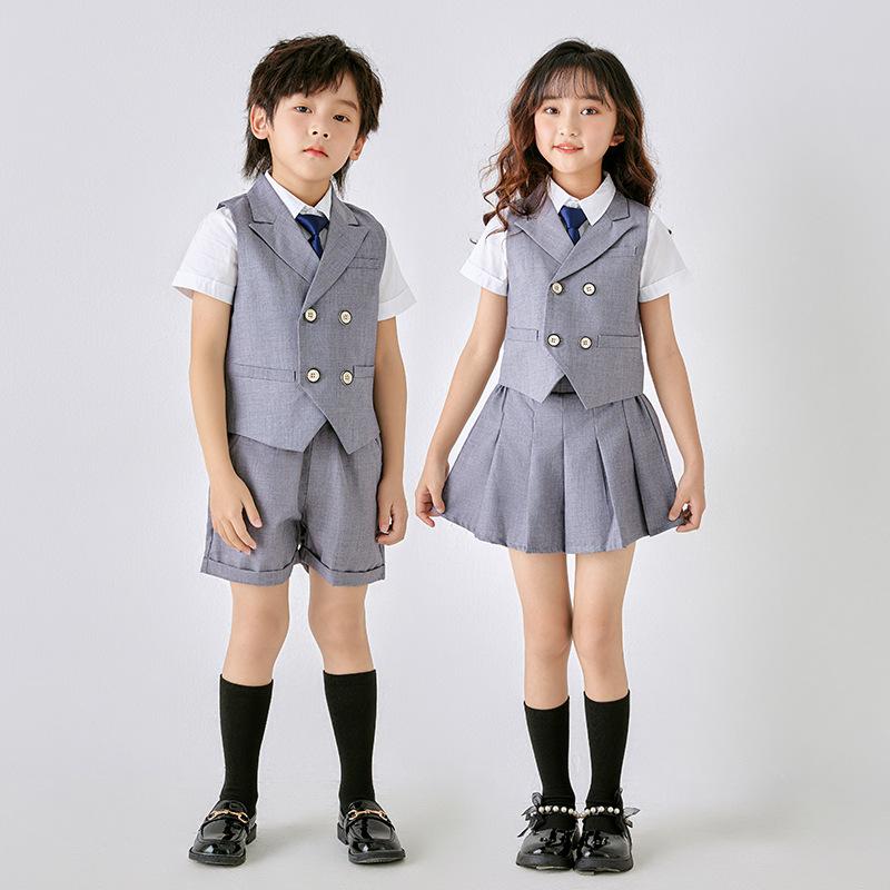 セットアップ キッズ 半袖 フォーマルスーツ 男の子 女の子 幼稚園 小学生 制服 夏用 英国風 アカデミー風 合唱服 ベスト シャツ ショートパンツ プリーツスカート 薄手 柔らかい 通気性 通園 通学 行事