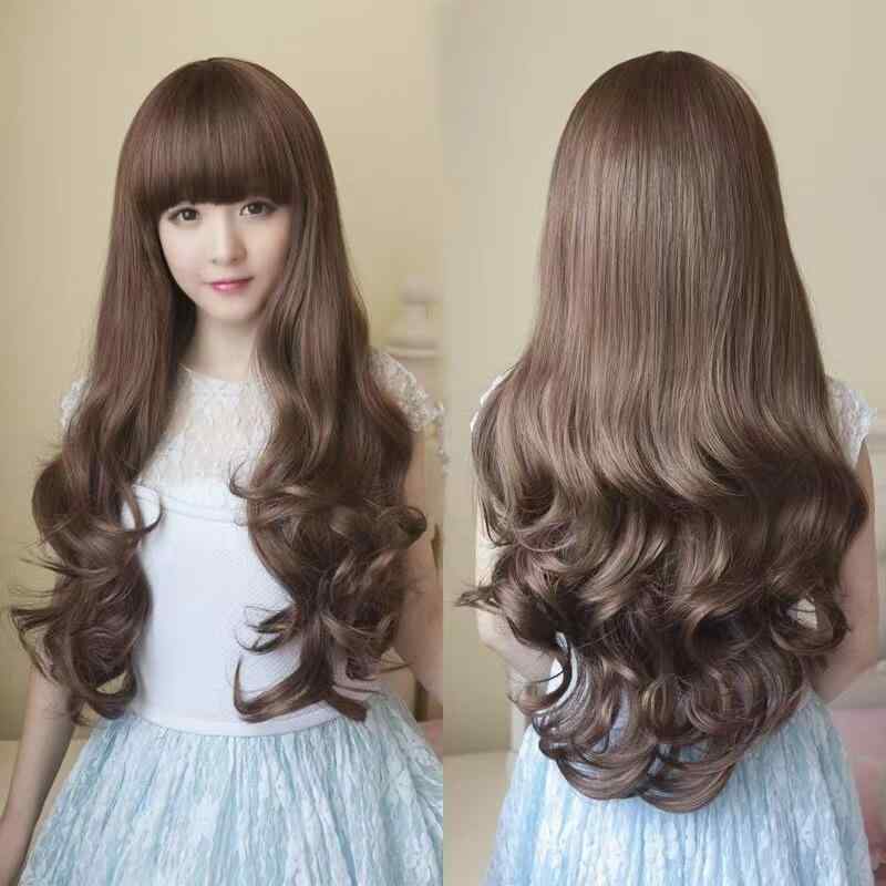 ・カテゴリ: ウィッグ・スタイル: 韓国風・ヘアタイプ: ロングカール・前髪タイプ: ぱっつん・斜め両用・髪質素材: 耐熱ファイバー・カラー展開: ブラック、ダークブラウン、ライトブラウン・効果: ボリュームアップ、小顔効果、ヘア