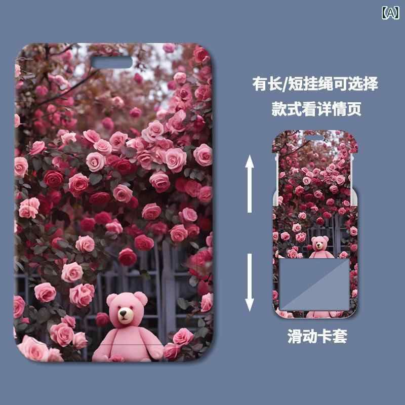bloomelierのパスケース レディース メンズ キッズ スライド式 薔薇 クマ 定期入れ ICカードホルダー IDカードホルダー 社員証入れ 名札ケース 通学 通勤｜アングル2