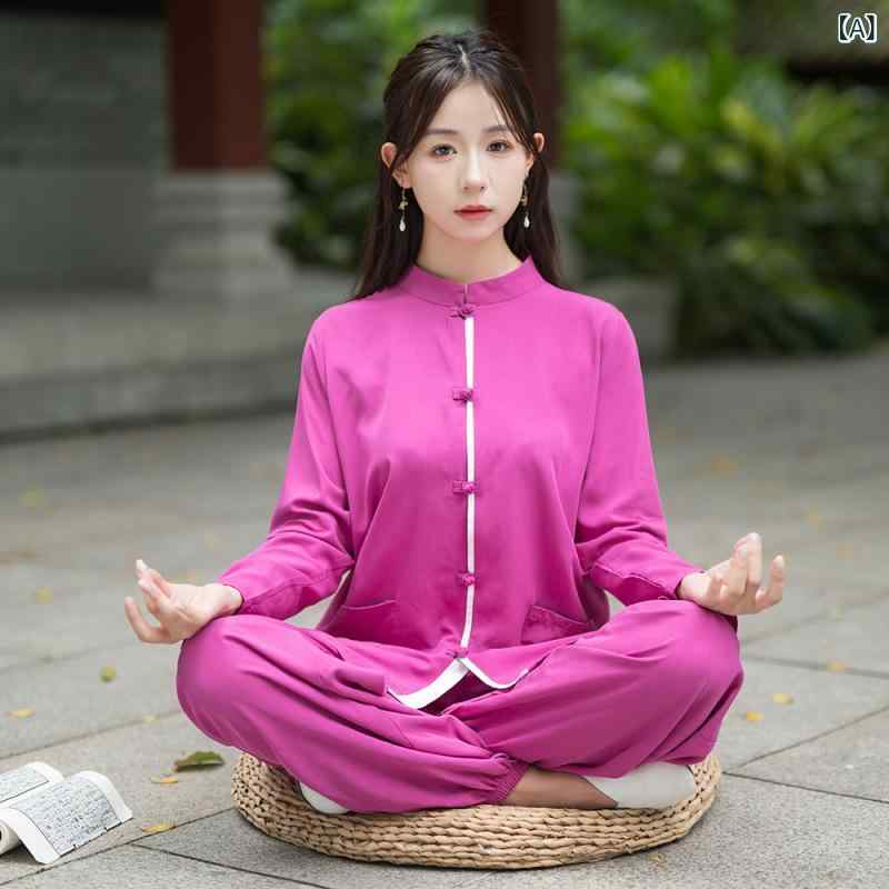 bloomelierのセットアップ レディース チャイナドレス風 太極拳 功夫 漢服 民族衣装 ヨガ 武術 練習着 チャイナボタン 綿麻 快適 吸汗速乾 ゆったり 秋冬｜アングル2