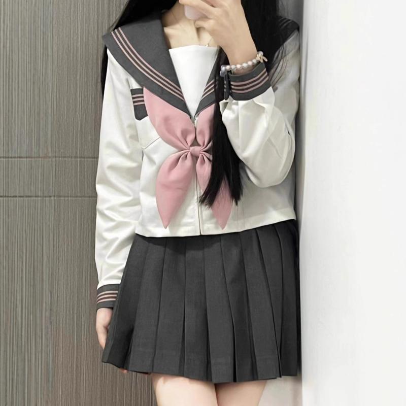 制服レディースJKセーラー服セットアッププリーツスカートプリーツスカート長袖半袖ネクタイ付きスクール水色リボン女子高生学園風かわいいスリーピース春夏秋カジュアル大きいサイズコスプレ衣装