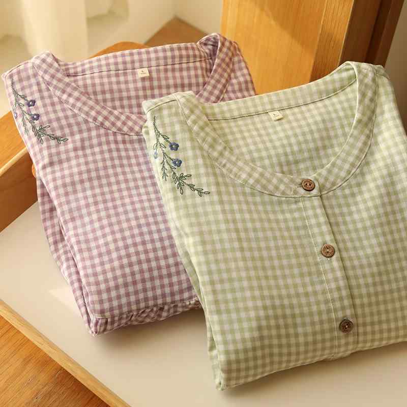 ルームウェア ワンピース レディース 春夏 長袖 コットン ダブルガーゼ ラウンドネック 格子柄 パジャマ 寝間着 部屋着 涼しい ゆったり