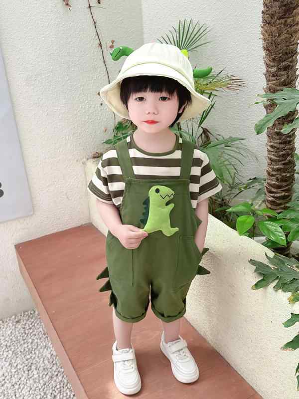 セットアップ キッズ 男の子 半袖 春夏 コットン ストライプ柄 恐竜 サロペット オーバーオール カジュアル 2点セット グリーン 薄手 かわいい
