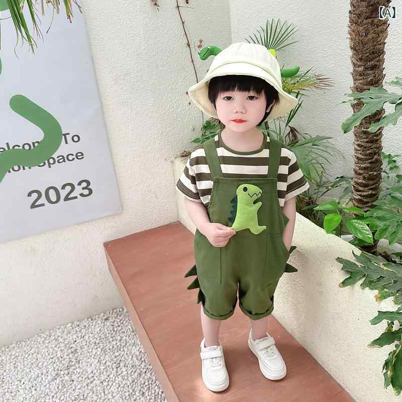 bloomelierのセットアップ キッズ 男の子 半袖 春夏 コットン ストライプ柄 恐竜 サロペット オーバーオール カジュアル 2点セット グリーン 薄手 かわいい｜アングル2
