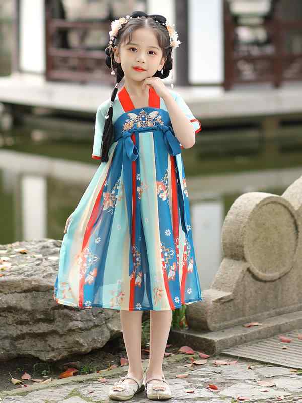 ワンピース 女の子 漢服 チャイナドレス キッズ チュール 薄手 夏 刺繍 古風 唐装 ブルー かわいい レトロ エスニック チマチョゴリ風 七五三 発表会 イベント 写真撮影