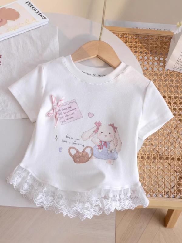 Tシャツ キッズ 女の子 半袖 レース コットン 丸首 カートン プリント かわいい プルオーバー 柔らかい トップス 通園 通学 カジュアル 春夏