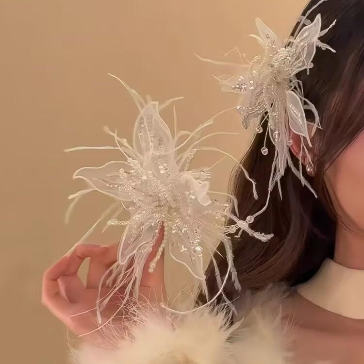 ・カテゴリ: ヘアアクセサリー・素材: 合金・スタイル: ヘアピン（ダッカールクリップ）・加工技術: 電気メッキ・タイプ: ペアクリップ・カラー: 駝鳥の羽付きペアクリップ・トレンド要素: 氷の結晶・雰囲気: プリンセス、爽やかで甘い・対象: 女性