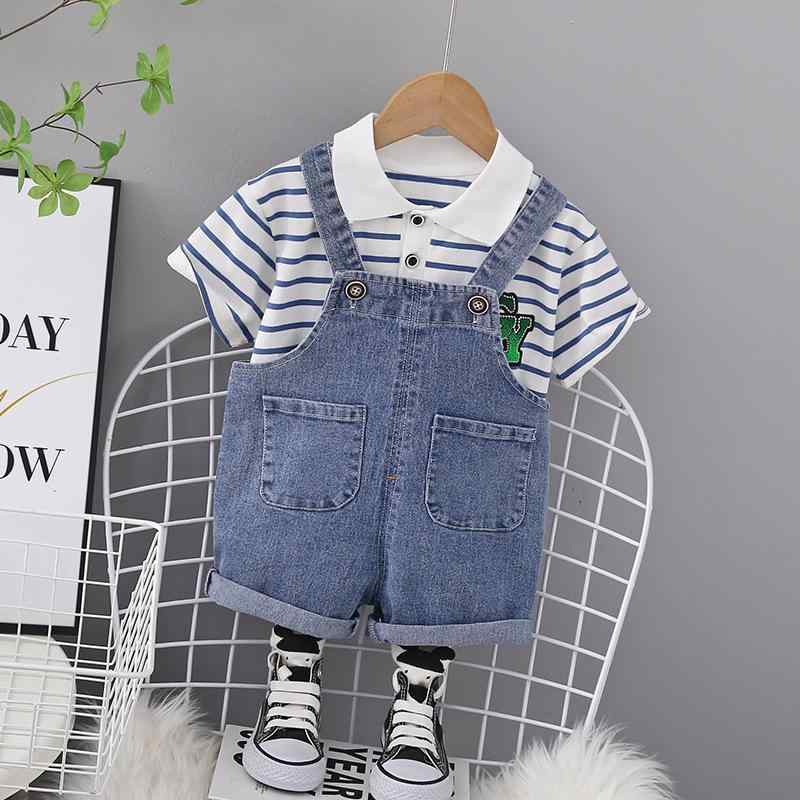 ・カテゴリ: 子ども用セットアップ・スタイル: 韓国風・セット内容: トップス、ボトムスの2点セット・対象年齢: 1〜3歳（身長80〜100cm）・袖丈: 半袖・ボトムス丈: 5分丈・柄: ボーダー・主な素材: 綿 95%・安全基準: Aクラス・留め具の種類: プルオーバー・カラー展開: ブルー・サイズ展開: 80cm、90cm、100cm、110cm、120cm