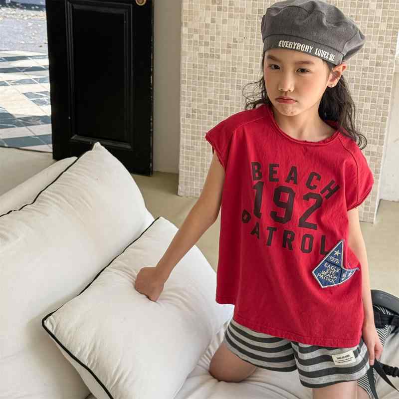 Tシャツ キッズ 男女兼用 ノースリーブ タンクトップ トップス トップス カットソー 綿 吸汗速乾 通気性 柔らかい プリント 英字 薄手 カジュアル 通園 通学 普段着 インナー ルームウェア