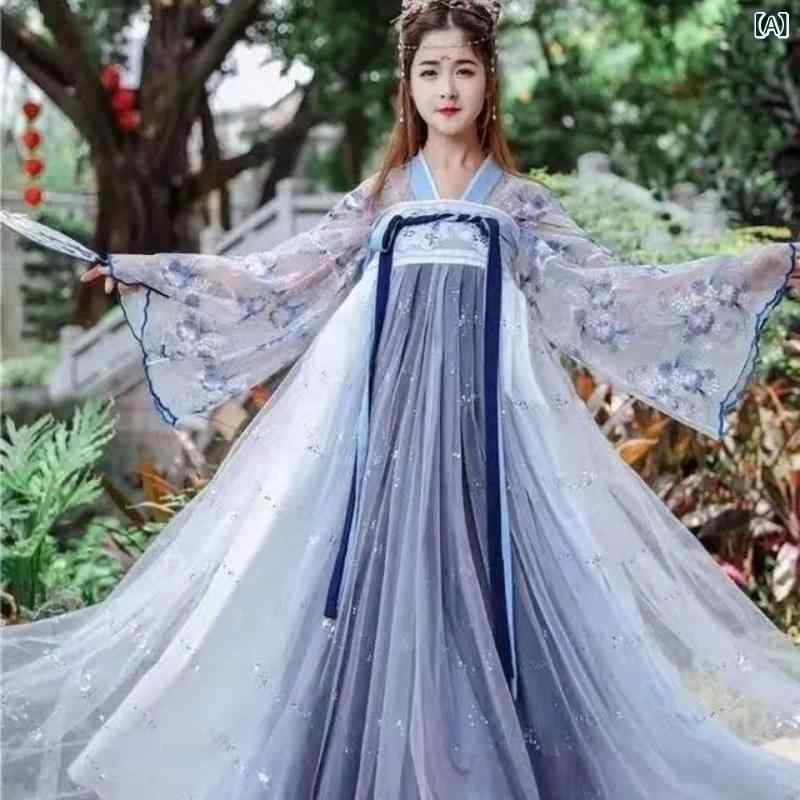 漢服 レディース チャイナドレス 刺繍 グラデーション シフォン 3点セット コスプレ 華服 唐装 伝統衣装 宮廷風 民族衣装 エスニック 撮影 舞台 ステージ 衣装 おしゃれ 涼しい