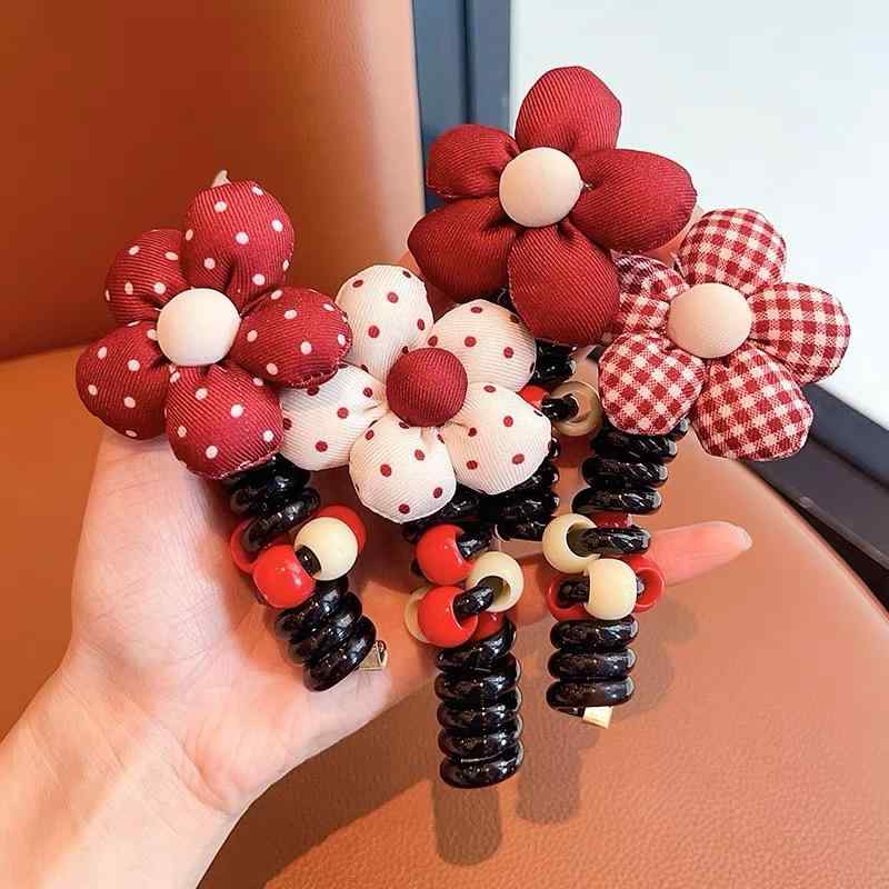 ヘアゴム キッズ 女の子 電話線 花 ヘアアクセサリー 髪ゴム 髪飾り コイル 跡がつかない スプリング 泡ポニーテール レッド ちょう結び