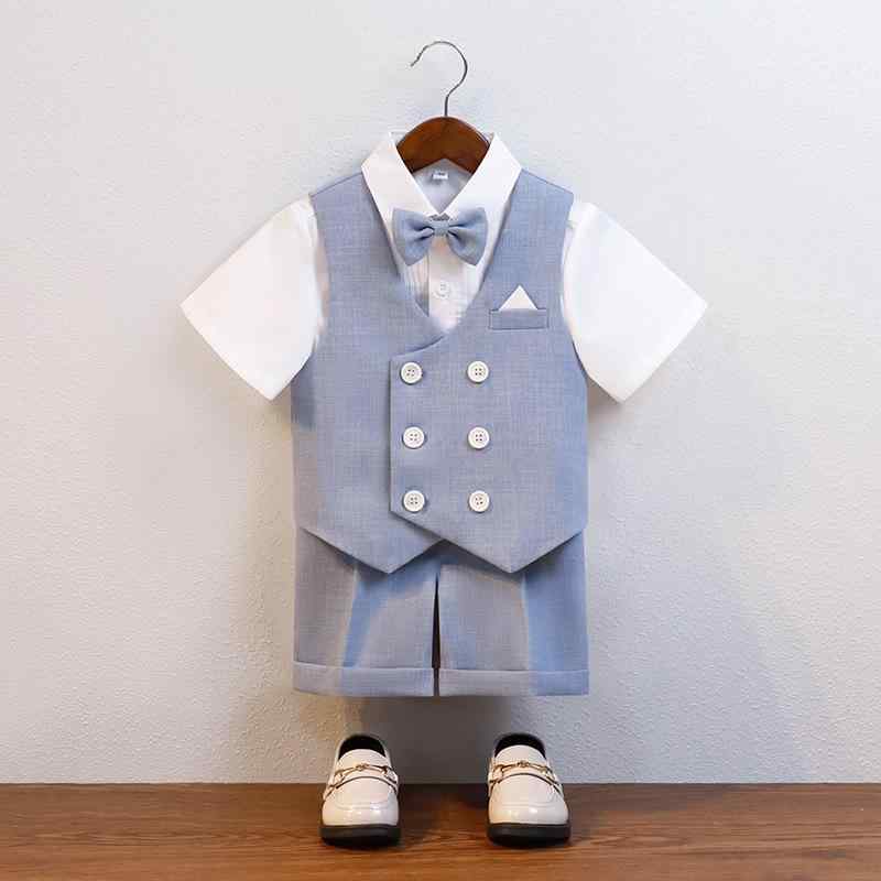 ・性別: 男・対象年齢: 中小童（3～8歳、100～140cm）・ネックライン: Vネック・スタイル: 英国風・柄: 無地・厚み: 普通・生地加工: 酵素洗い・フード: フードなし・袖丈: 半袖・安全基準: B類・主な素材: ポリエステル・裏地素材: ポリエステル（80%）・前開き仕様: ダブルブレスト・ウエストベルト: ベルトなし・カラー展開: グレーブルー3点セット（ベスト、ショートパンツ、蝶ネクタイ）、グレーブルー4点セット（半袖シャツ、ベスト、ショートパンツ、蝶ネクタイ）、ライトグレー3点セット（ベスト、ショートパンツ、蝶ネクタイ）、ライトグレー4点セット（半袖シャツ、ベスト、ショートパンツ、蝶ネクタイ）・サイズ展開: 80cm（推奨体重7.5～10kg）、90cm（推奨体重10～13kg）、100cm（推奨体重13～15kg）、110cm（推奨体重15～19kg）、120cm（推奨体重19～22.5kg）、130cm（推奨体重22.5～27kg）、140cm（推奨体重27.5～33.5kg）、150cm（推奨体重34～39.5kg）・着丈: ショート丈・カテゴリ: キッズアウター
