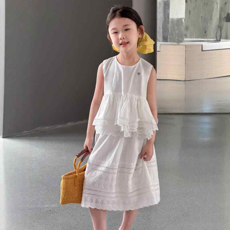 ブラウス キッズ 女の子 夏 ノースリーブ コットン フリル チュニック プルオーバー 子供服 かわいい レース 無地