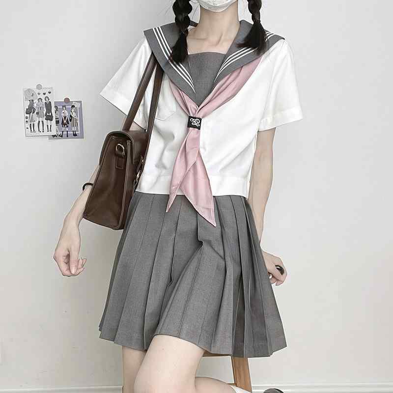 水手服 レディース 半袖 スカート 3点セット セーラー服 JK制服 学生服 プリーツスカート 学院風 ミニスカート スクールライフ コスプレ グレー