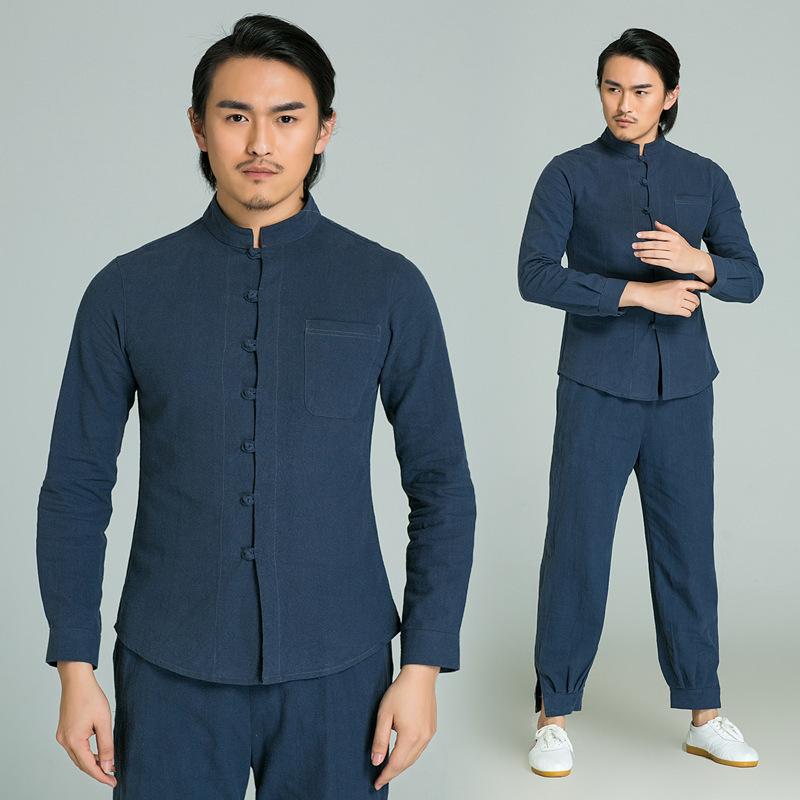 太極拳服 メンズ 春夏用 長袖 练功服 チャイナ服 武術服 ウェア 民族風 麻混 シワ加工 ロイヤルブルー 無地 スポーツウェア 練習着 動きやすい