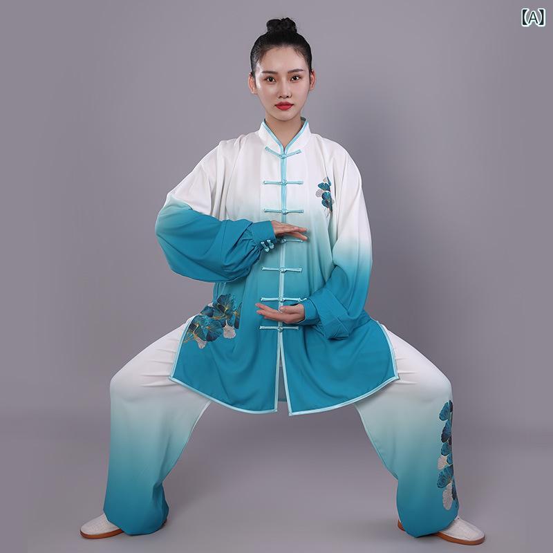 太極拳ウェア ユニセックス 春夏 ストレッチ素材 快適 練習着 演武用 舞台衣装 カンフー 裾長め グリーン イチョウ柄