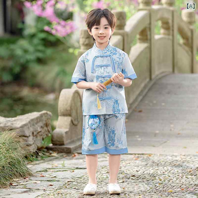 ・カテゴリ: 子供用唐装・民族衣装・スタイル: チャイナ風・柄: 無地、プリント・主な素材: ポリエステル 85%・生地の厚さ: 薄手・セット内容: 男の子トップス+パンツセット、女の子トップス+スカートセット・推奨身長: 90cm、100cm、110cm、120cm、130cm、140cm、150cm、160cm・対象年齢: 3〜8歳（身長100〜140cm目安）
