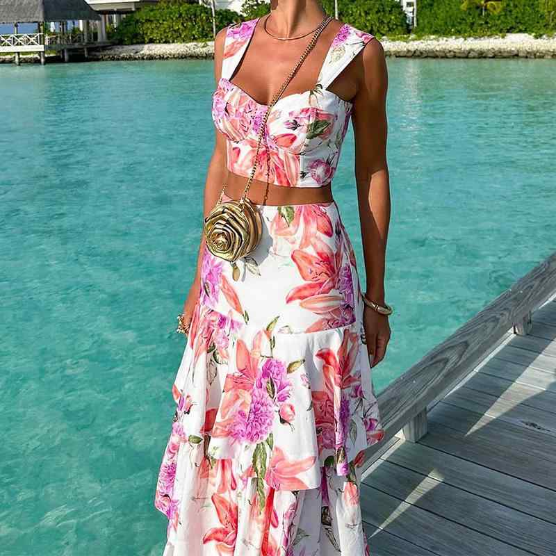 セットアップ レディース 春夏 ベアトップ スカート 総柄 花柄 切り替え タイトスカート ミモレ丈 ノースリーブ チューブトップ ストレッチ 通勤 エレガント きれいめ