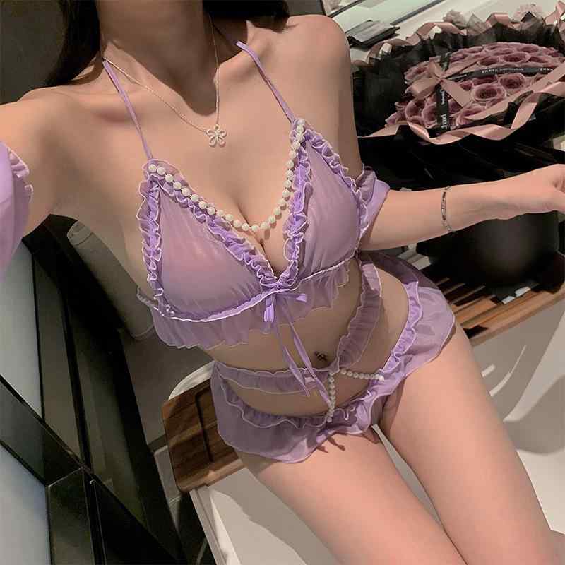 セクシーランジェリー レディース 3点セット パール ブラジャー ショーツ 紫色 パ...