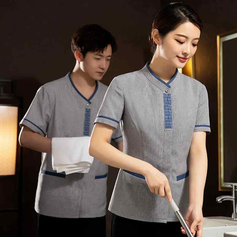 ・カテゴリ: 服装・用途: 保潔服・性別: 男女兼用・機能: 防汚、防油・パンツ丈: 長ズボン・素材: 麻、綿、ポリエステル・カラー展開: グレー（トップス）、ブルー（トップス）、グレー（上下セット）、ブルー（上下セット）・サイズ展開: L、XL、XXL、3XL、4XL、5XL・袖のデザイン: フレンチスリーブ・袖丈: 半袖