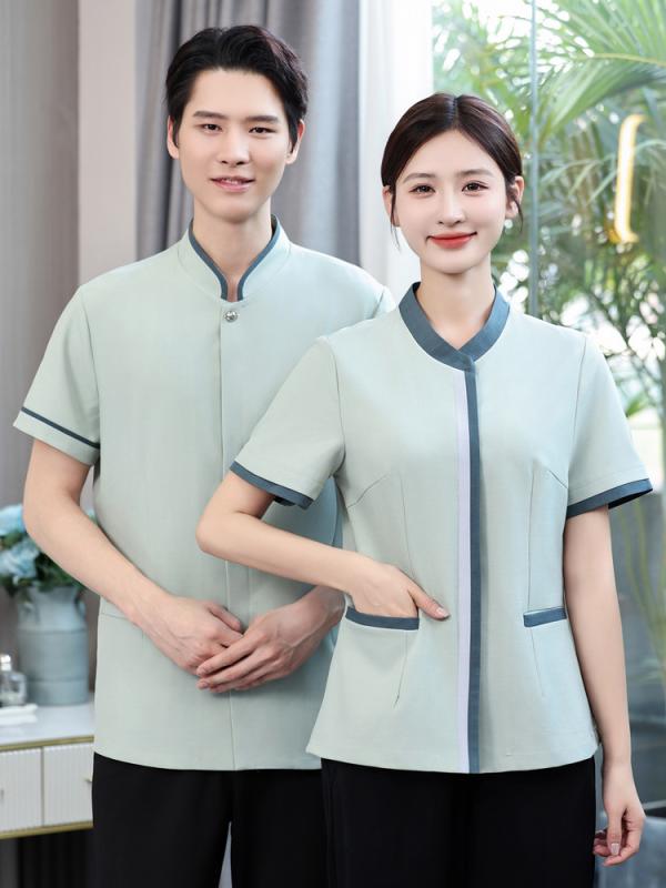 ・カテゴリ: 服装・スタイル: 保洁服・対象: ユニセックス・機能: 吸汗速乾・パンツ丈: 長ズボン・素材: ポリエステル、ポリウレタン・カラー展開: グレー（女性用）、グレー（男性用）、グリーン（女性用）、グリーン（男性用）・サイズ展開: L、XL、XXL、XXXL、4XL、5XL・種類: トップス・素材割合: ポリエステル95%以上・袖の種類: レギュラースリーブ・袖丈: 半袖・襟のデザイン: スタンドカラー